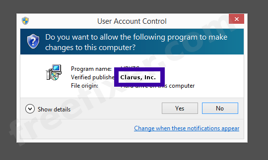 Screenshot where Clarus, Inc. appears as the verified publisher in the UAC dialog